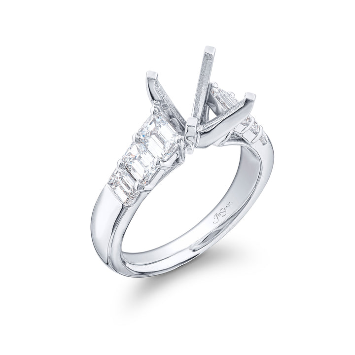 Dazzling Brilliance: Our timeless East-West Diamond Semi-mount. These six emerald-cut diamonds are set in a shared prong setting handcrafted in pure platinum.