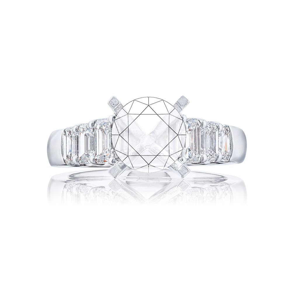 Dazzling Brilliance: Our timeless East-West Diamond Semi-mount. These six emerald-cut diamonds are set in a shared prong setting handcrafted in pure platinum.