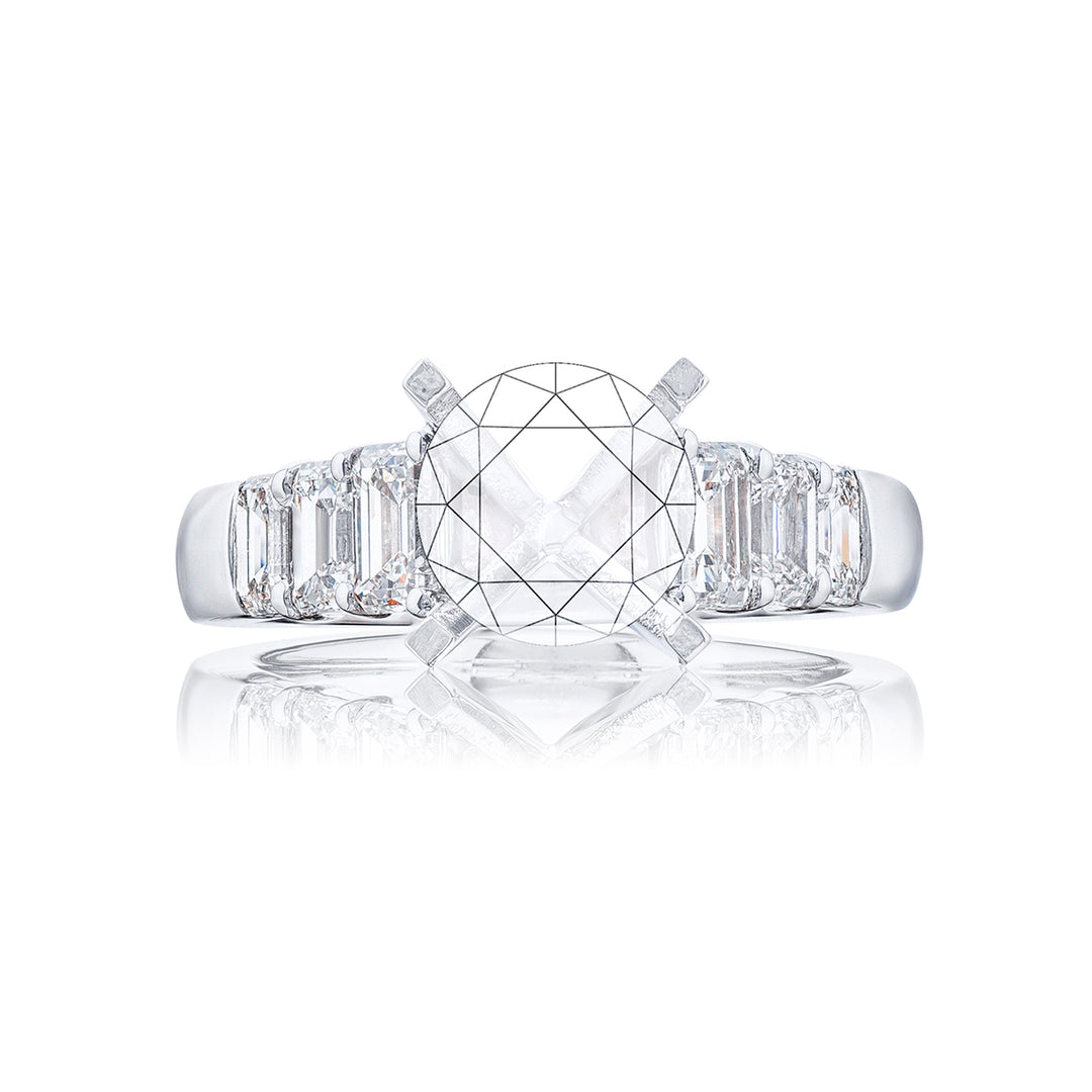 Dazzling Brilliance: Our timeless East-West Diamond Semi-mount. These six emerald-cut diamonds are set in a shared prong setting handcrafted in pure platinum.
