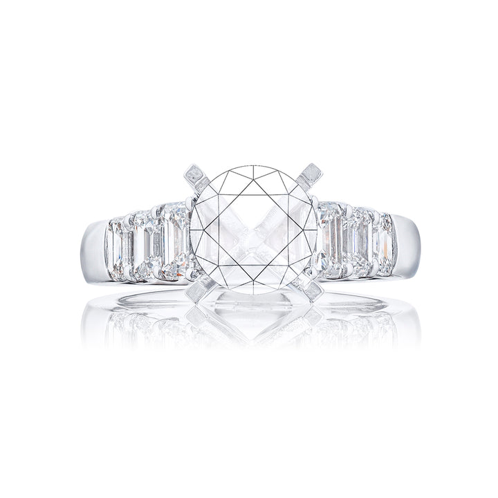 Dazzling Brilliance: Our timeless East-West Diamond Semi-mount. These six emerald-cut diamonds are set in a shared prong setting handcrafted in pure platinum.