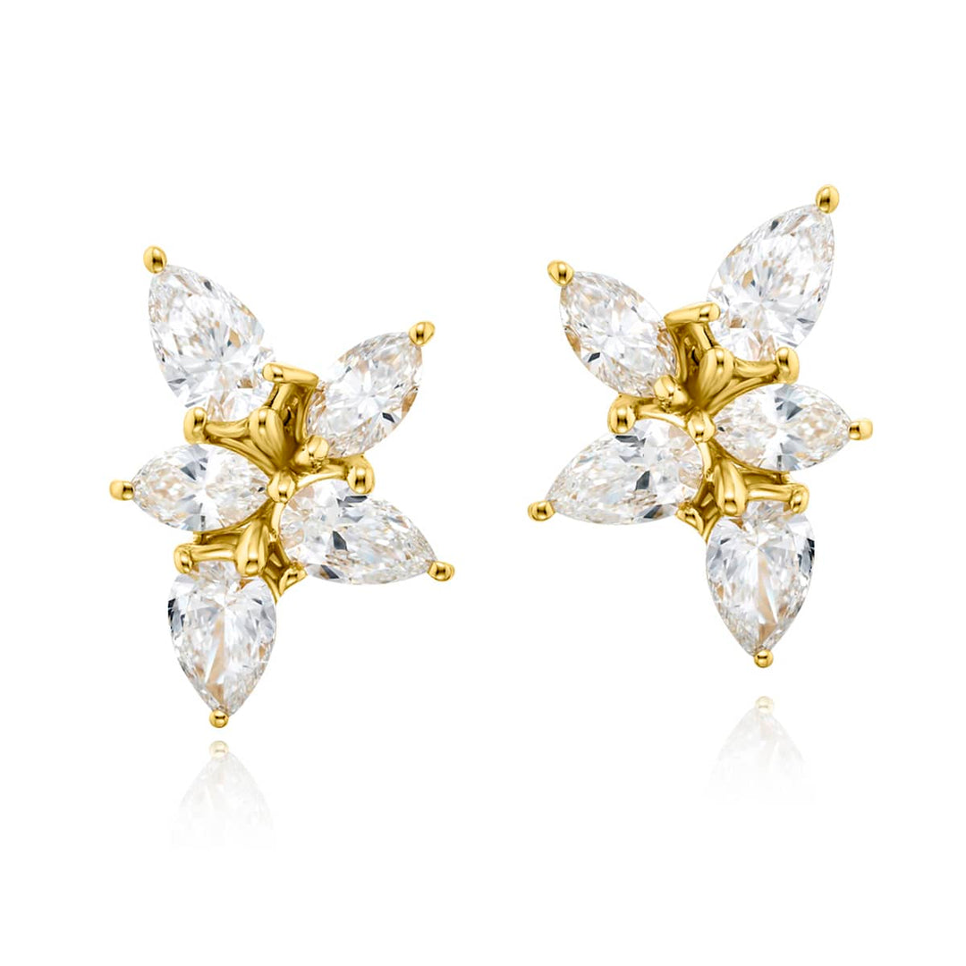 18K Yellow Gold Marquise and Pear-Shaped Diamond Floral Stud Earrings