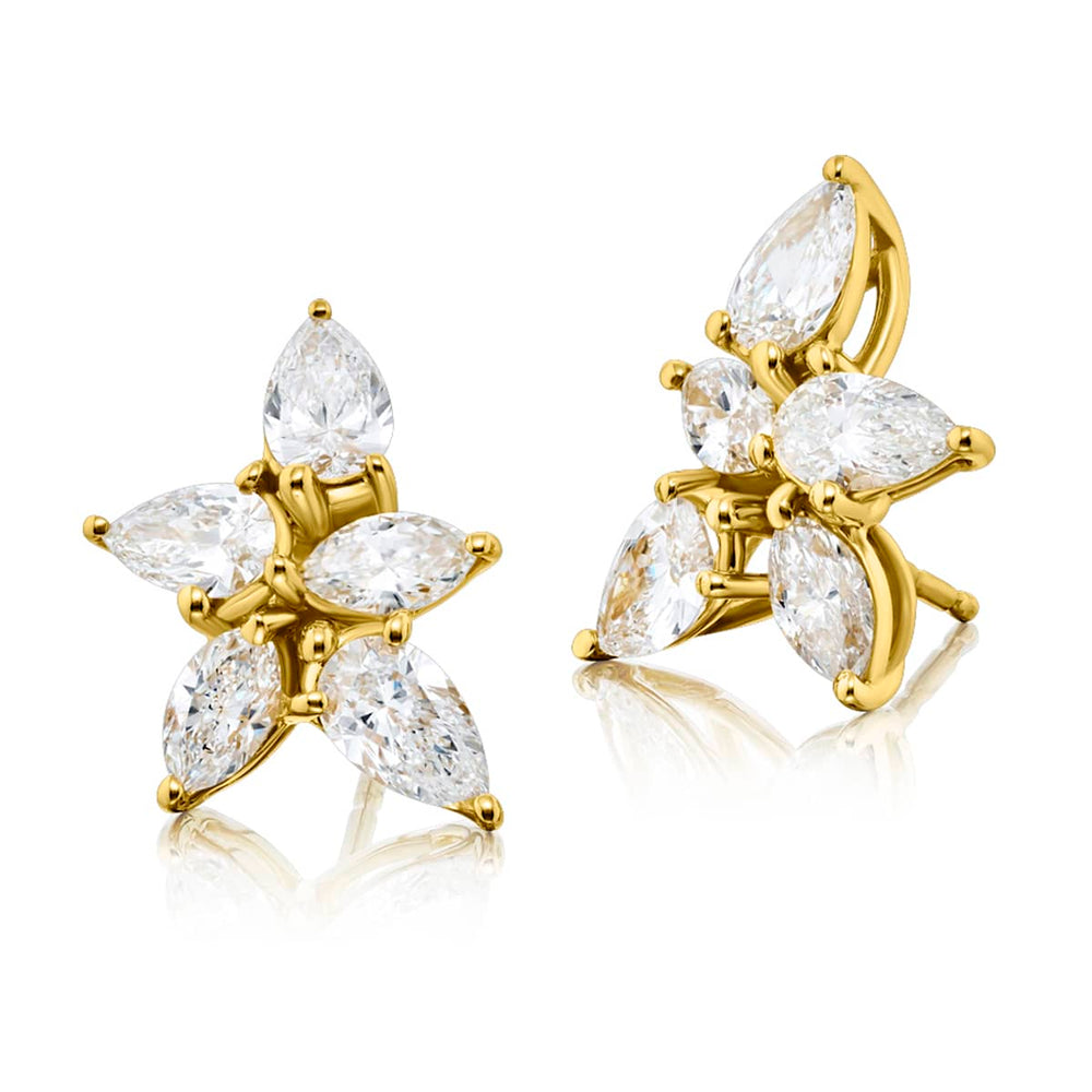 18K Yellow Gold Marquise and Pear-Shaped Diamond Floral Stud Earrings