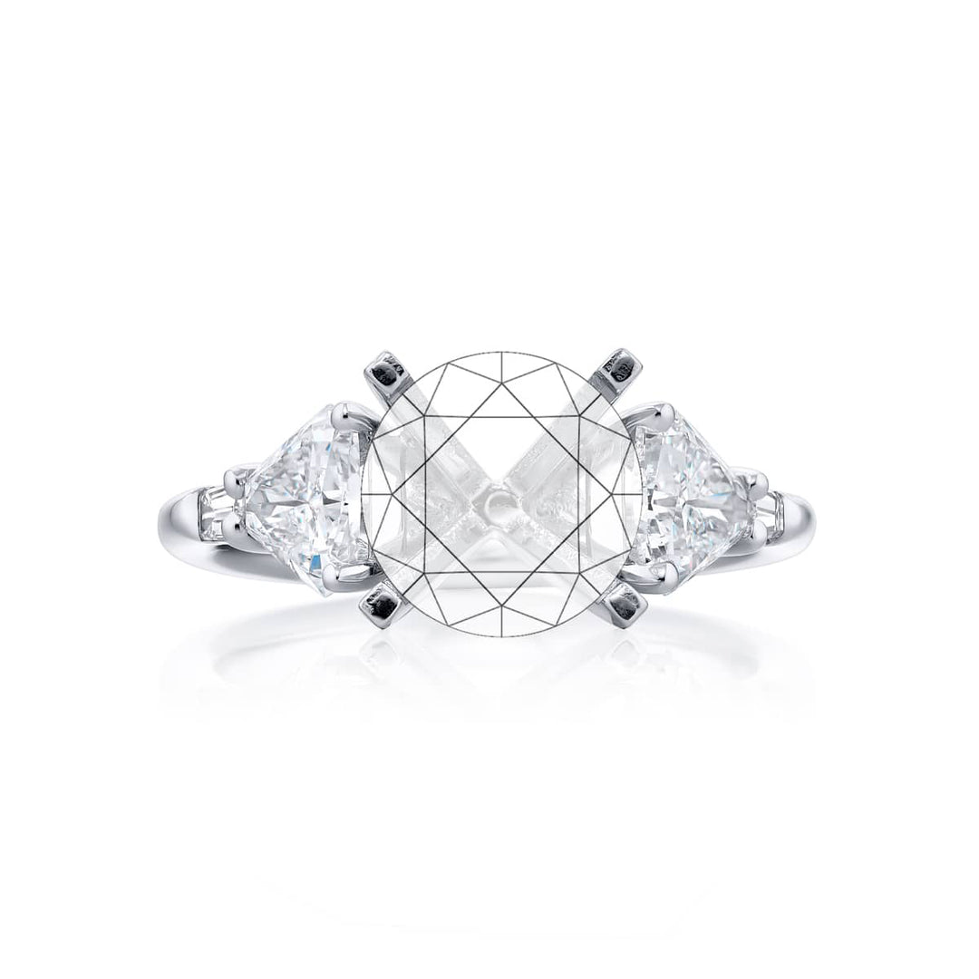Dazzling Brilliance: Our beautiful Diamond Semi-mount. These two stunning trillion diamonds accompanied by two tapered baguette diamonds handcrafted in pure platinum.