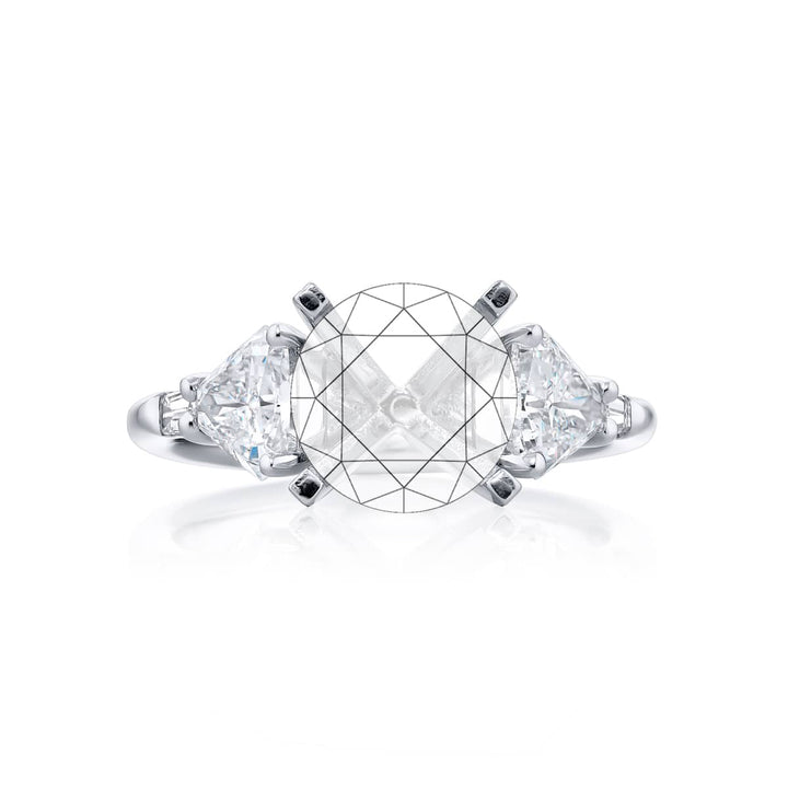 Dazzling Brilliance: Our beautiful Diamond Semi-mount. These two stunning trillion diamonds accompanied by two tapered baguette diamonds handcrafted in pure platinum.