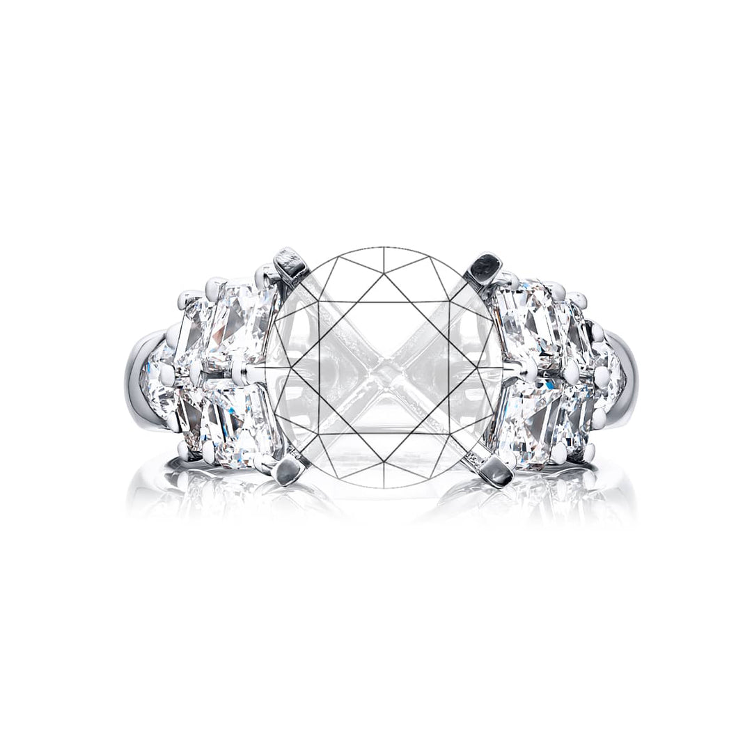Dazzling Brilliance: Our timeless Three-Row Diamond Semi-mount. These eight stunning square emerald-cut diamonds embraced by two dazzling pear-shaped diamonds are handcrafted in pure platinum.