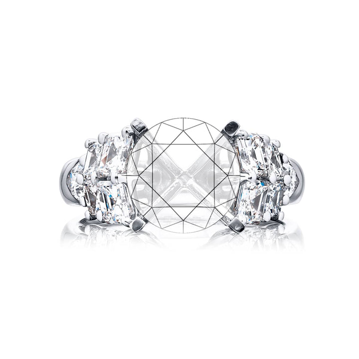 Dazzling Brilliance: Our timeless Three-Row Diamond Semi-mount. These eight stunning square emerald-cut diamonds embraced by two dazzling pear-shaped diamonds are handcrafted in pure platinum.