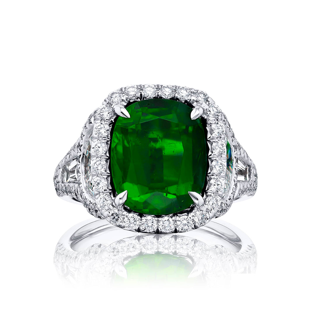 4.10 ct. Certified Sri Lankan Cushion-Cut Emerald with Tapered Baguette Half-Moon & Micro Pave Diamonds in Platinum