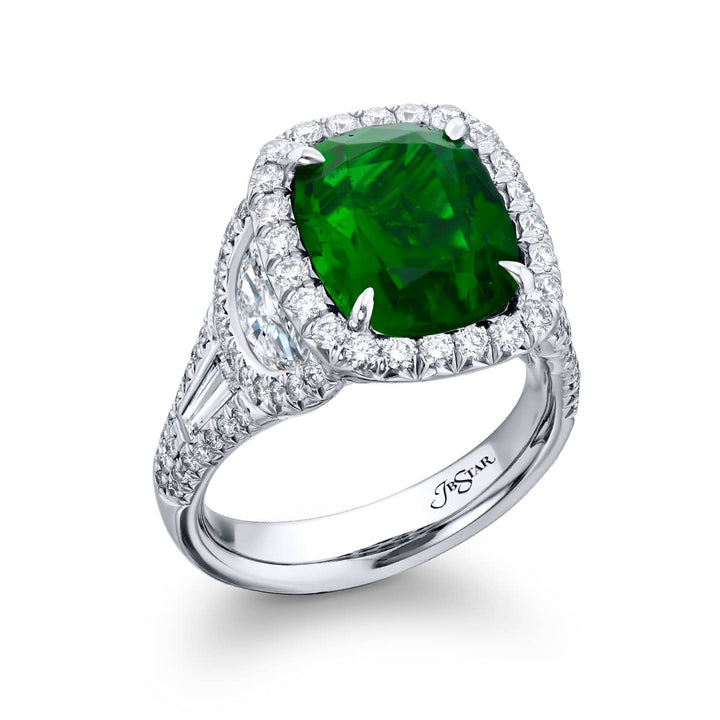 4.10 ct. Certified Sri Lankan Cushion-Cut Emerald with Tapered Baguette Half-Moon & Micro Pave Diamonds in Platinum