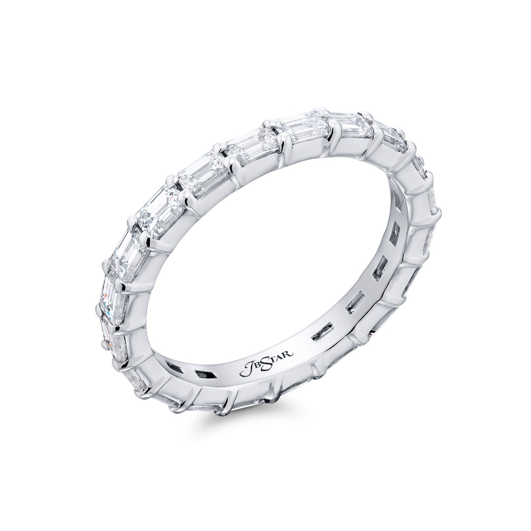 Alluring Eternity: Our stunning single row 1.90 ctw. East-West Diamond Eternity Band. These twenty dazzling emerald-cut diamonds are handcrafted in pure platinum.