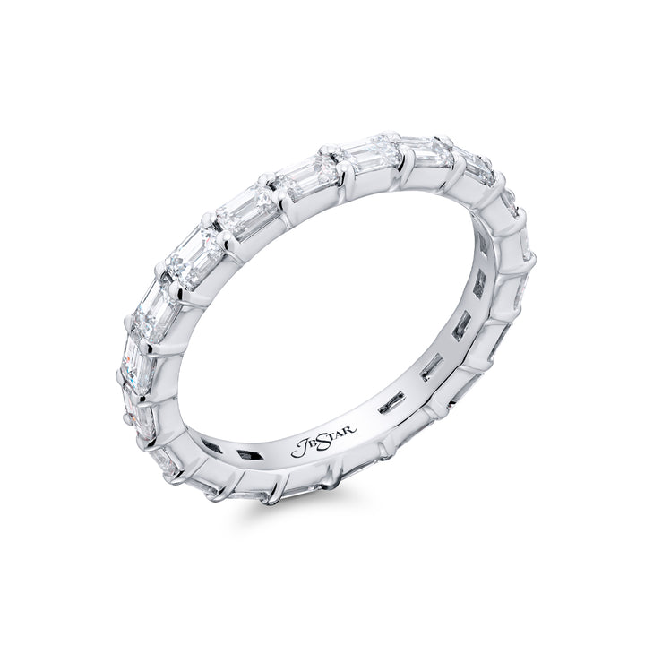 Alluring Eternity: Our stunning single row 1.90 ctw. East-West Diamond Eternity Band. These twenty dazzling emerald-cut diamonds are handcrafted in pure platinum.