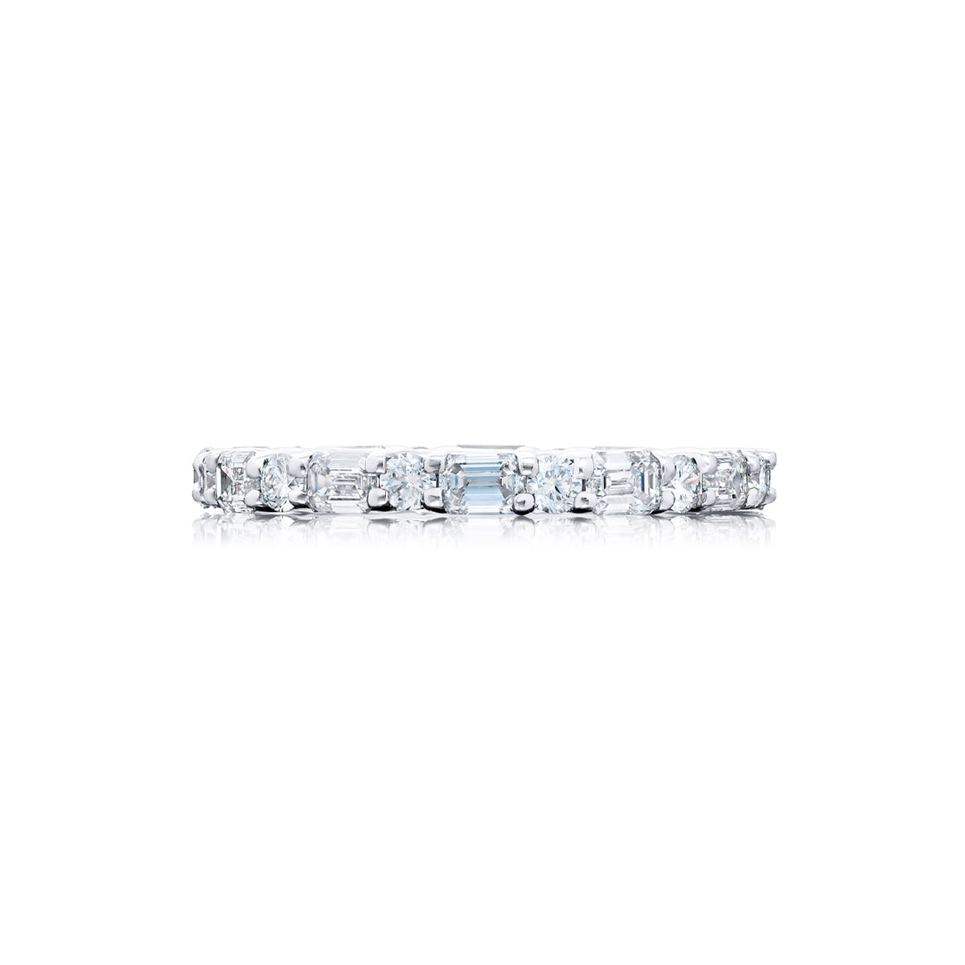 Alluring Eternity: Our stunning single row 1.60 ctw. East-West Diamond Eternity Band. These dazzling emerald-cut diamonds blended with round diamonds are handcrafted in pure platinum.