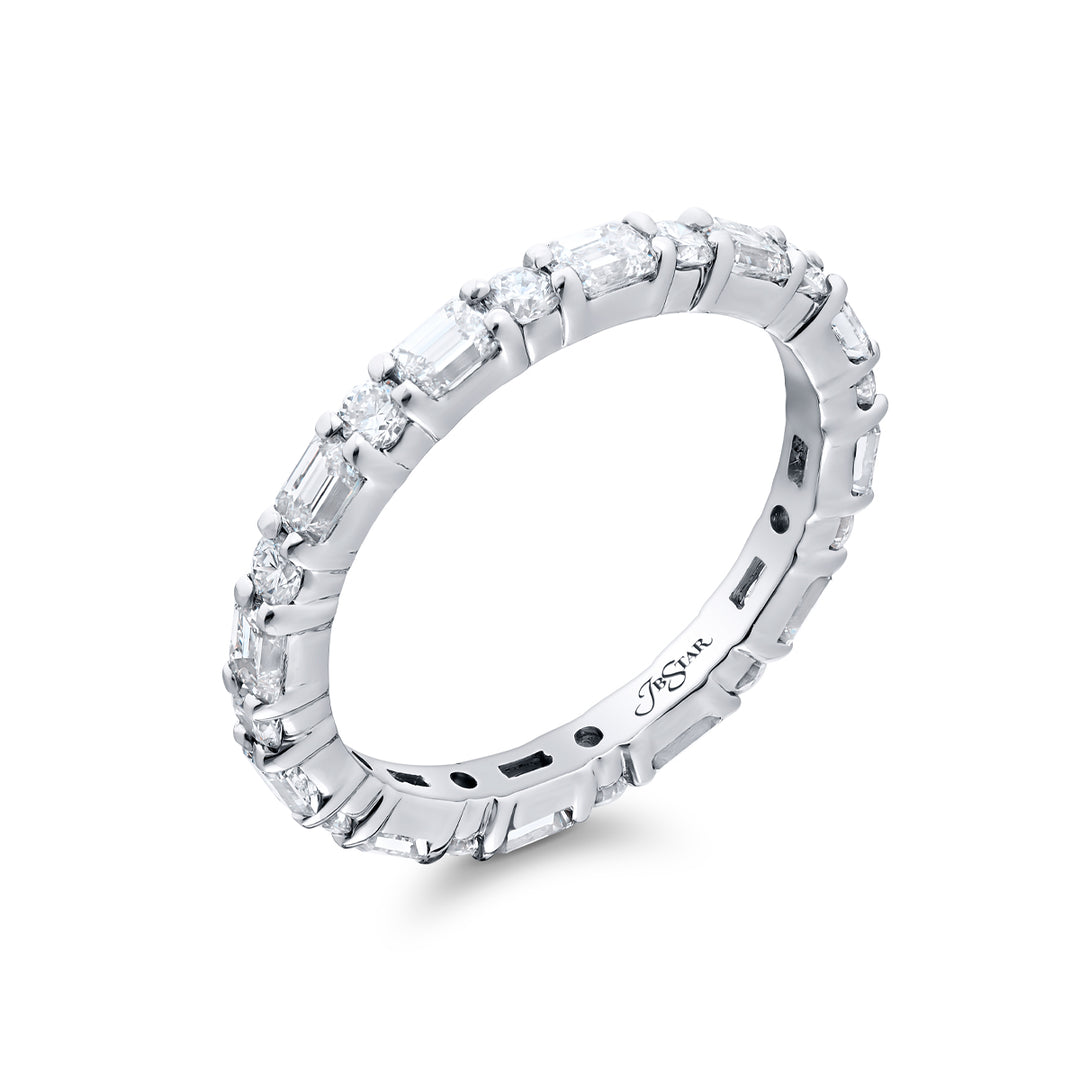 Alluring Eternity: Our stunning single row 1.60 ctw. East-West Diamond Eternity Band. These dazzling emerald-cut diamonds blended with round diamonds are handcrafted in pure platinum.