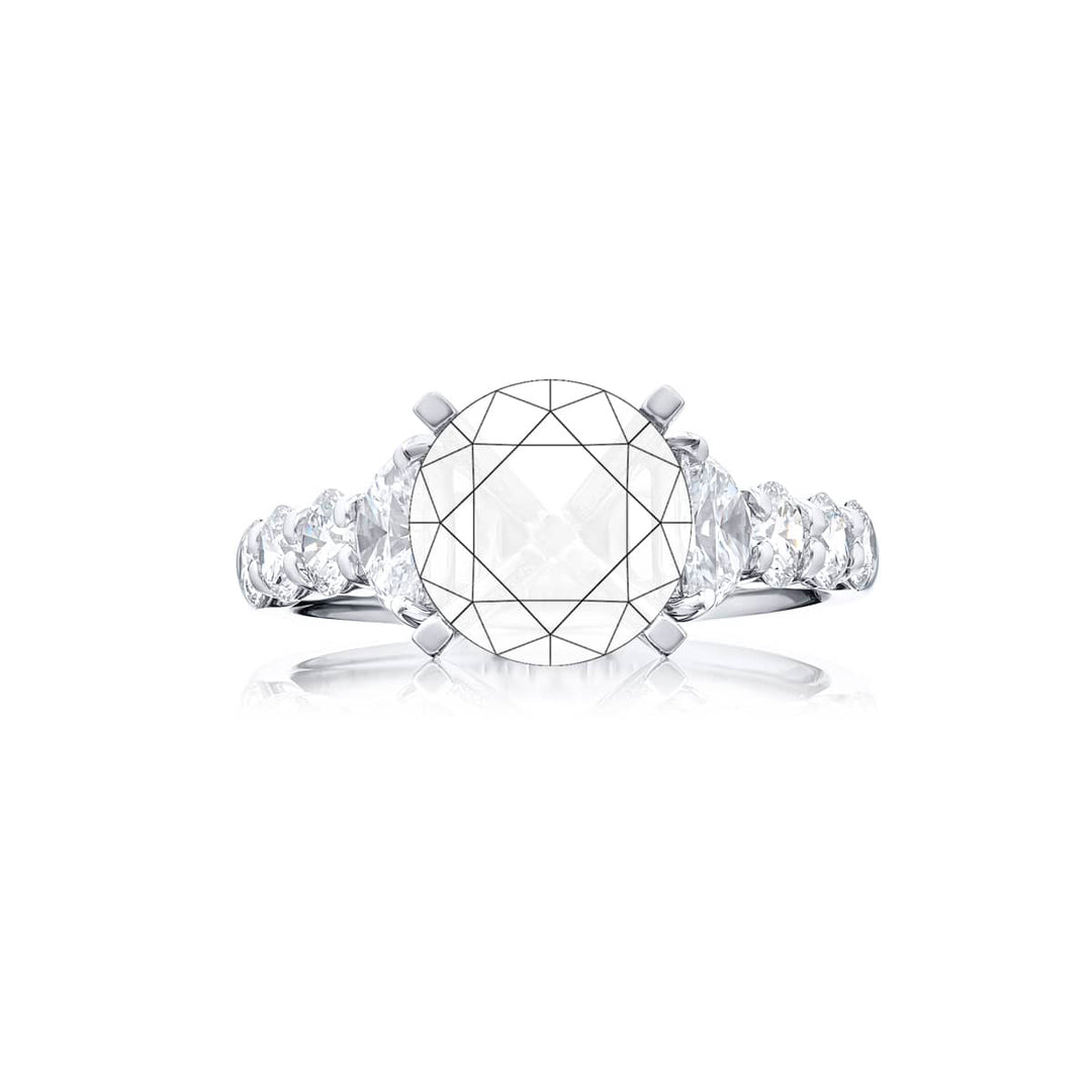 Dazzling Brilliance: Our stunning Diamond Semi-mount. These two half-moon diamonds accompanied by six round diamonds are handcrafted in pure platinum.