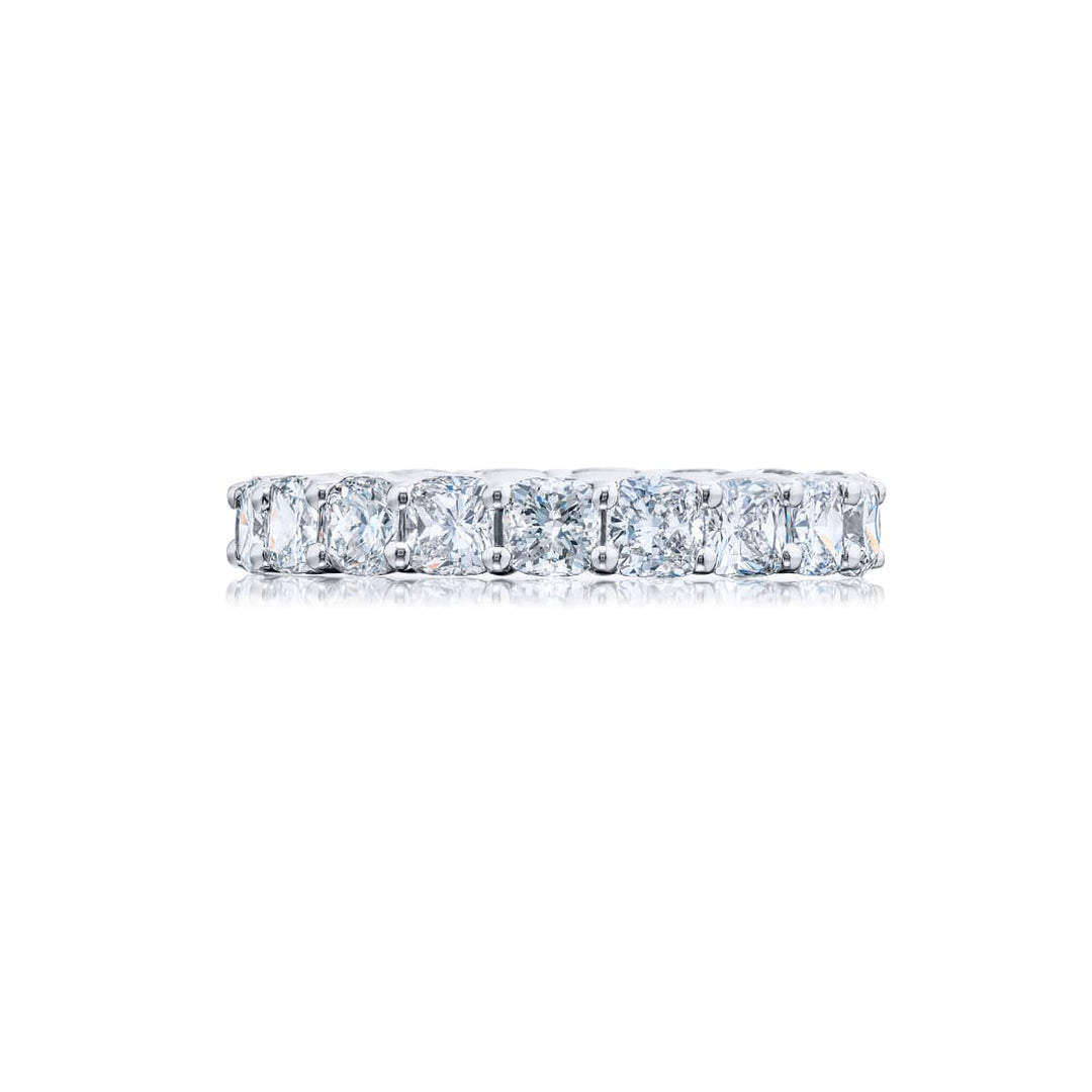 Alluring Eternity: Our beautiful 4.12 ctw. single-row Diamond Eternity Band. These nineteen cushion-cut diamonds are handcrafted in pure platinum.m.