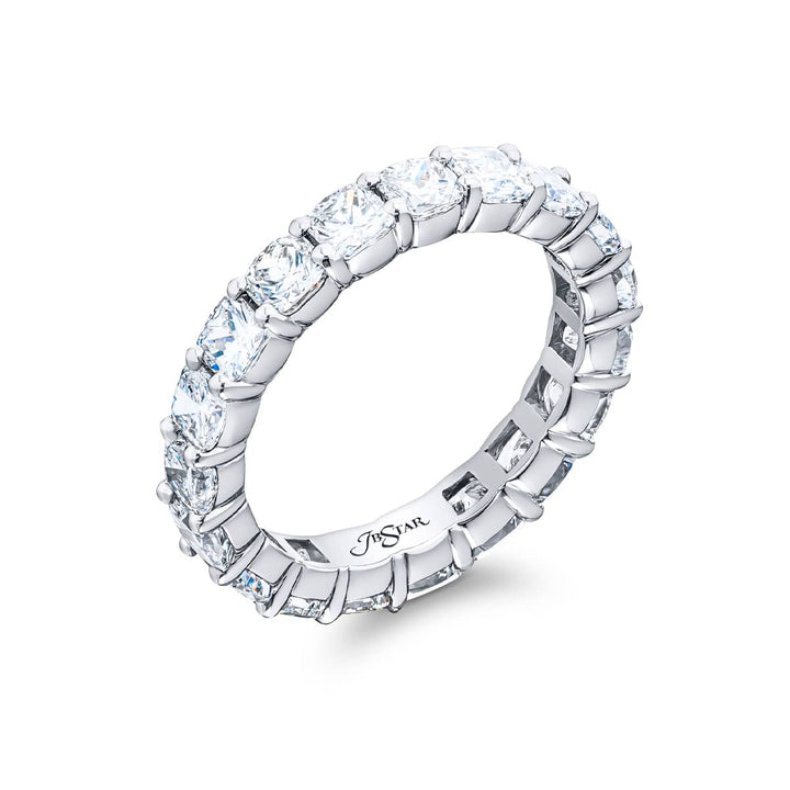 Alluring Eternity: Our beautiful 4.12 ctw. single-row Diamond Eternity Band. These nineteen cushion-cut diamonds are handcrafted in pure platinum.m.