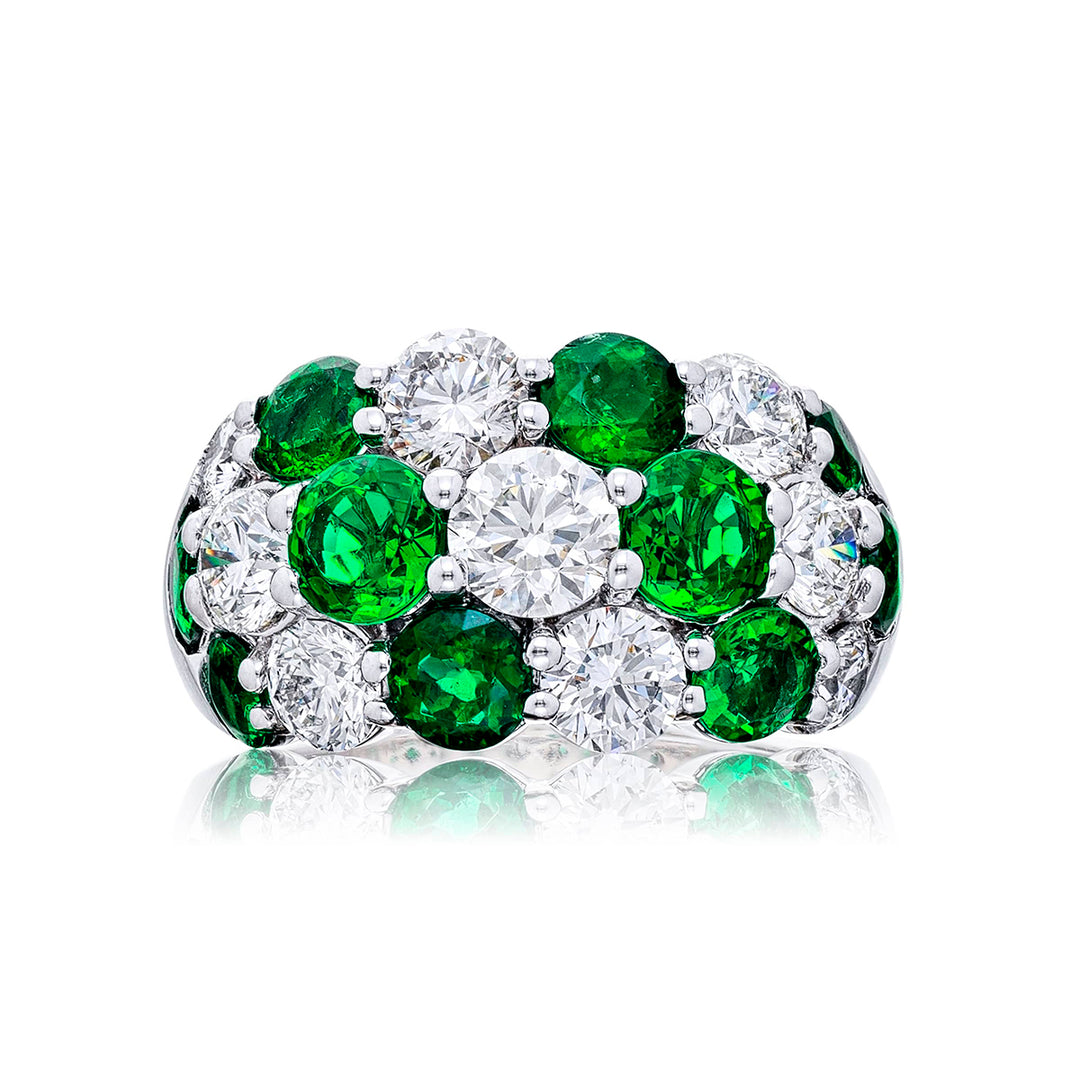 Platinum Round Emerald and Diamond Three-Row Band