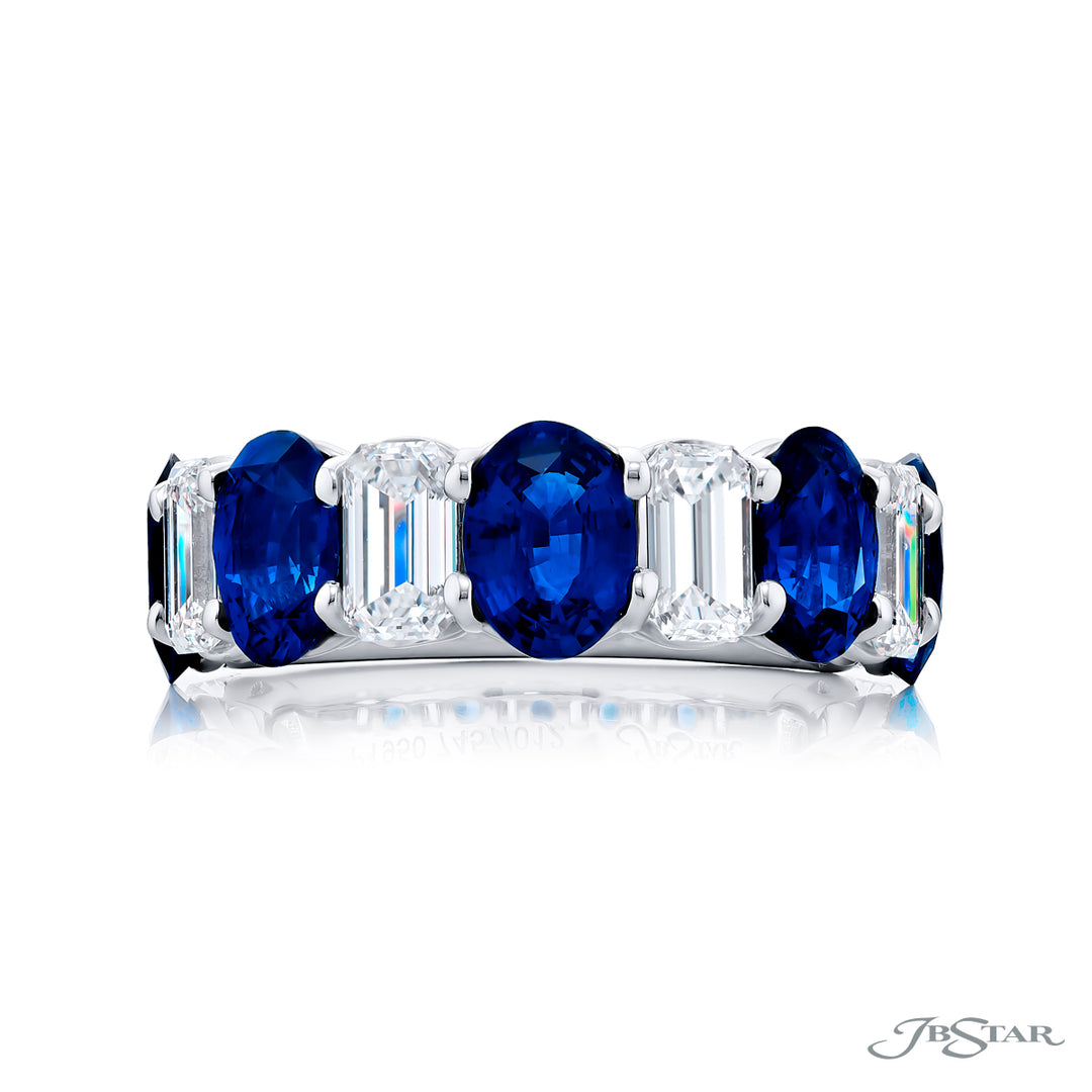 Elegance Elevated: Our stunning Sapphire and Diamond Band. These beautiful emerald-cut sapphires accompany oval diamonds and are handcrafted in pure platinum.