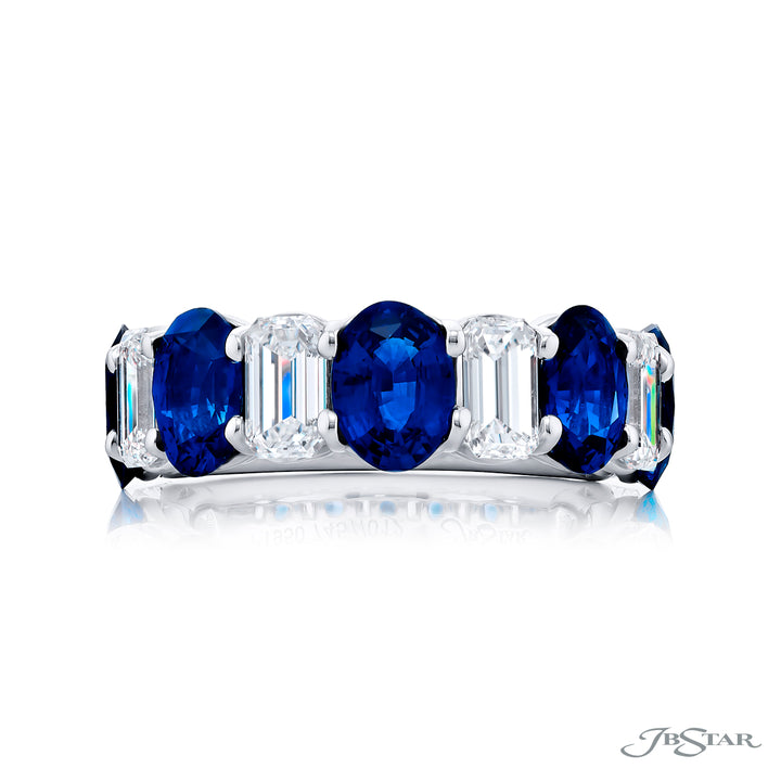 Elegance Elevated: Our stunning Sapphire and Diamond Band. These beautiful emerald-cut sapphires accompany oval diamonds and are handcrafted in pure platinum.