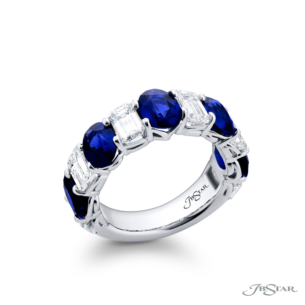 Elegance Elevated: Our stunning Sapphire and Diamond Band. These beautiful emerald-cut sapphires accompany oval diamonds and are handcrafted in pure platinum.