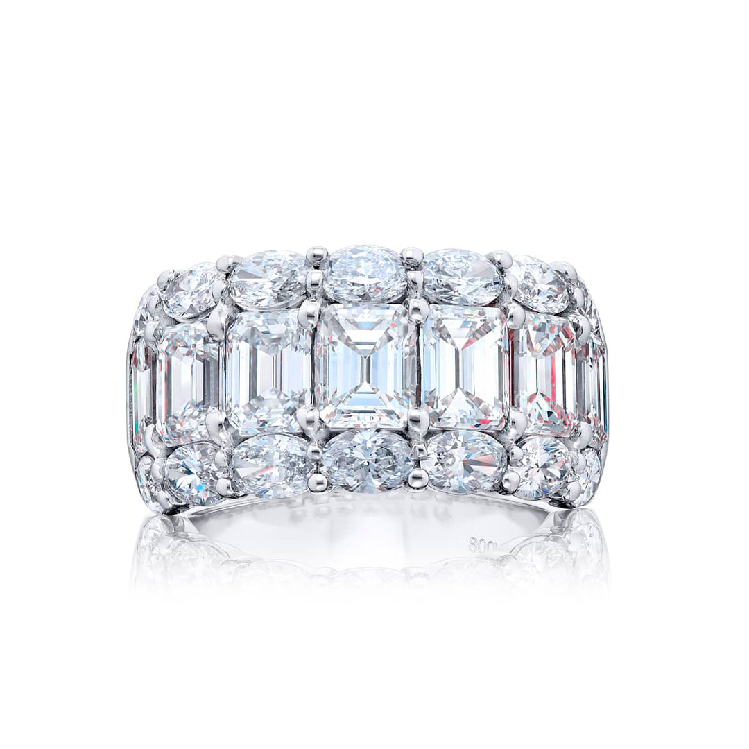 Platinum Emerald-Cut and Oval Diamond Three-Row Band