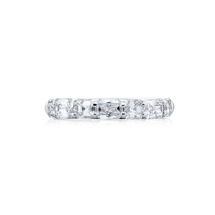 Elegance Elevated: Our classic 1.70 ctw. East-West single row Diamond Band. These beautiful square emerald-cut diamonds accompany radiant-cut diamonds and are handcrafted in pure platinum.