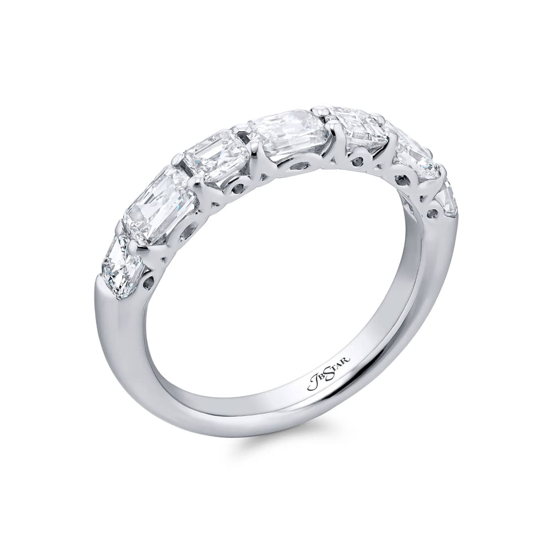 Elegance Elevated: Our classic 1.70 ctw. East-West single row Diamond Band. These beautiful square emerald-cut diamonds accompany radiant-cut diamonds and are handcrafted in pure platinum.
