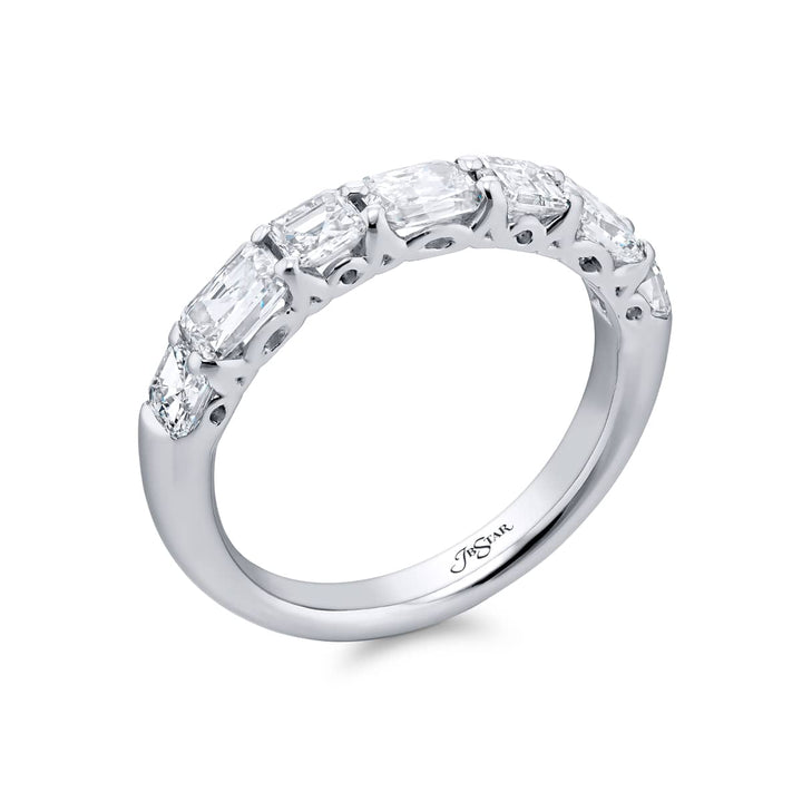 Elegance Elevated: Our classic 1.70 ctw. East-West single row Diamond Band. These beautiful square emerald-cut diamonds accompany radiant-cut diamonds and are handcrafted in pure platinum.
