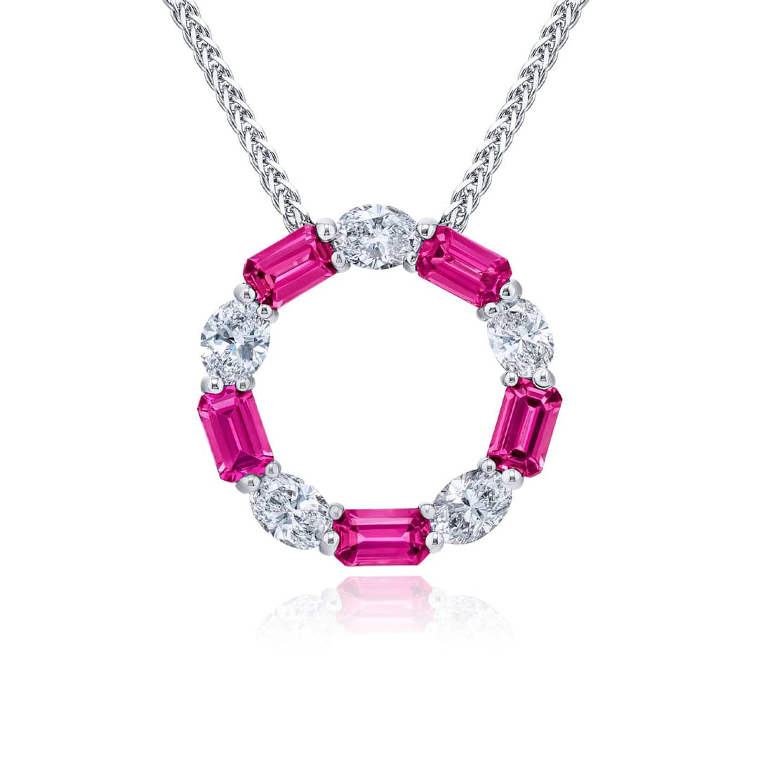 Platinum Emerald-Cut Pink Sapphire and Oval Diamond Certified Circle Pendant