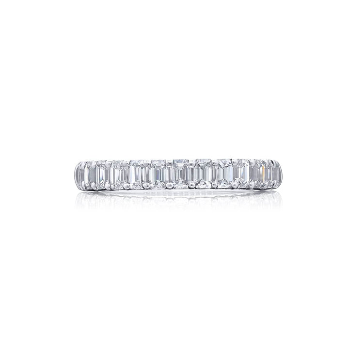 Elegance Elevated: Our classic single row Diamond Band. These thirteen beautiful emerald-cut diamonds are handcrafted in pure platinum.
