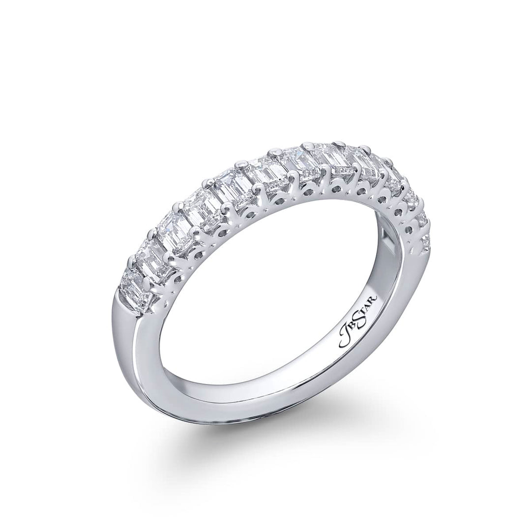 Elegance Elevated: Our classic single row Diamond Band. These thirteen beautiful emerald-cut diamonds are handcrafted in pure platinum.