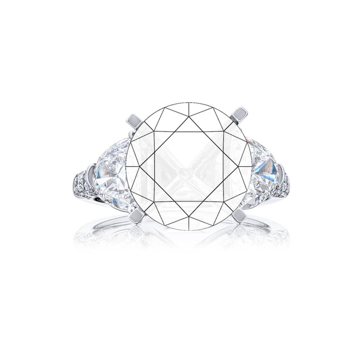 Dazzling Brilliance: Our timeless Diamond Semi-mount. These two stunning half-moon diamonds embraced by micro pave diamonds are handcrafted in pure platinum.