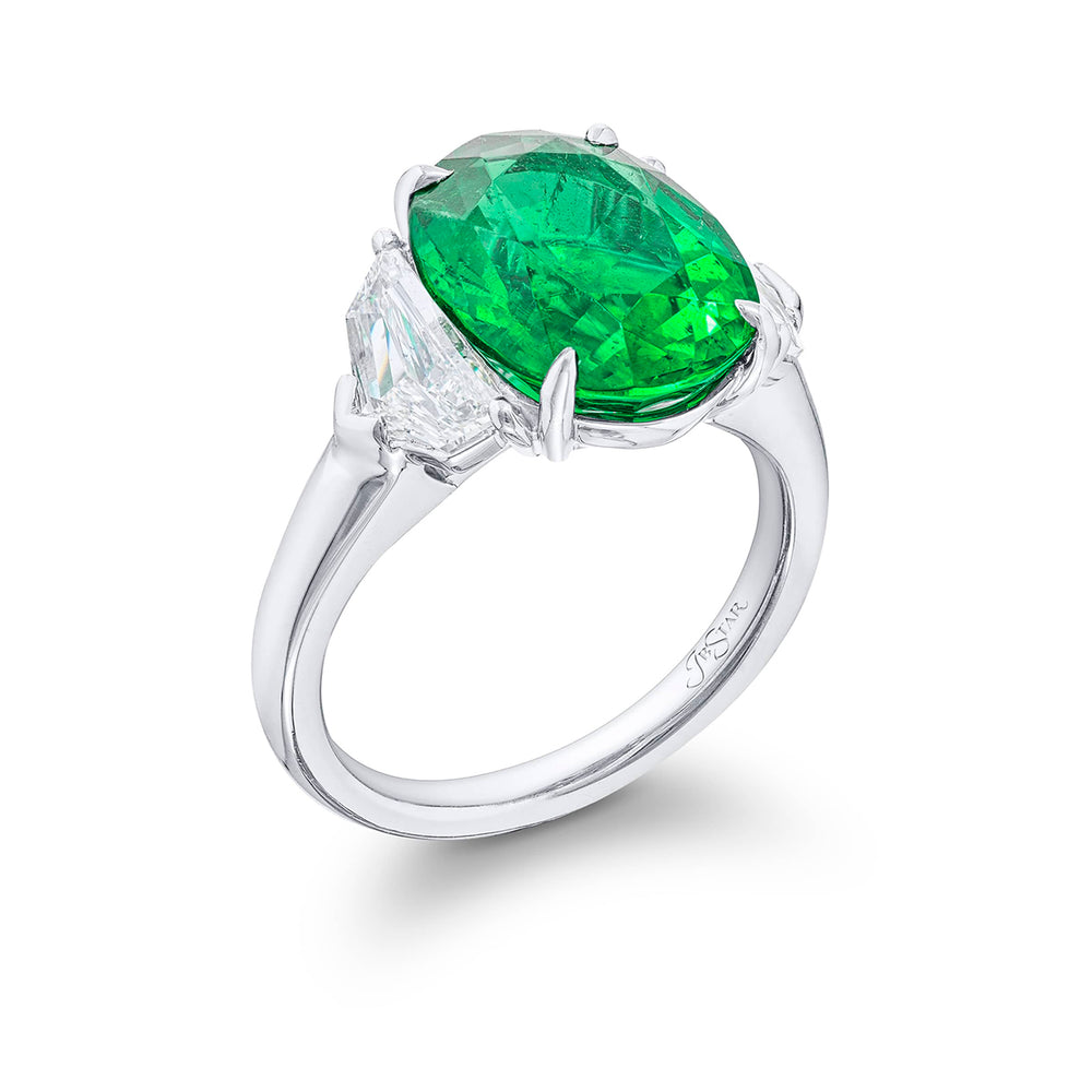 Stunning 5.65 ct. Certified Oval Emerald & Epaulet Diamond Ring in Platinum