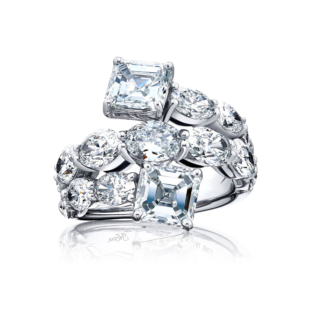 Dazzling Brilliance: Certified Three-Row Diamond Ring  GIA-Certified Emerald-Cut Oval & Pear-Shaped Diamonds in Pure Platinum