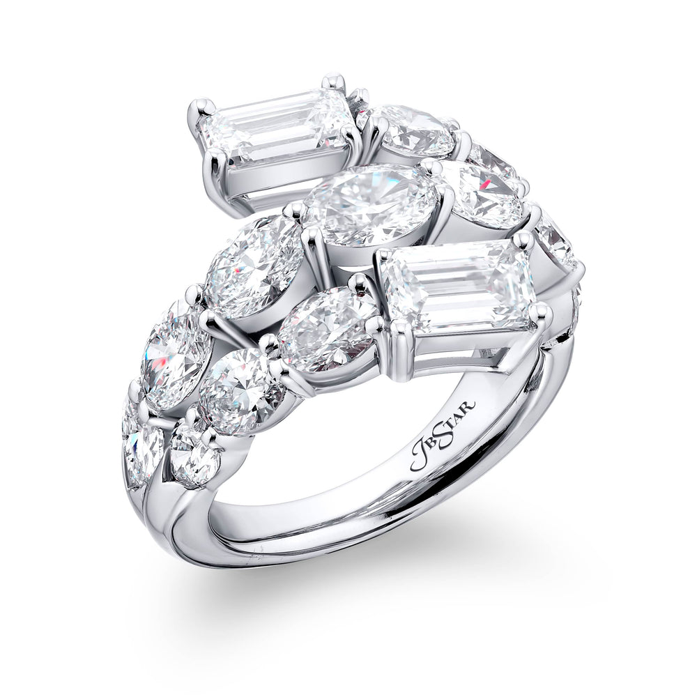 Dazzling Brilliance: Our signature 1.50 ctw. GIA certified Three-Row Twogether Diamond Ring. These stunning emerald-cut diamonds accompanied by shimmering oval and pear-shaped diamonds are handcrafted in pure platinum.