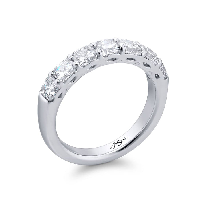 Elegance Elevated: Our stunning single row 1.87 ctw. Diamond Band. These seven beautiful cushion-cut diamonds are handcrafted in pure platinum.