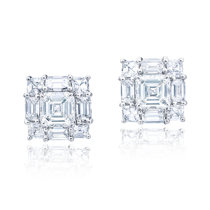 Platinum Square Emerald-Cut Diamond Certified Stud Earrings