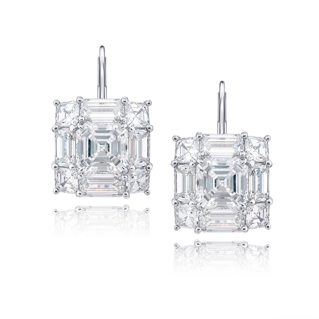 Platinum Square Emerald-Cut Diamond Certified Drop Earrings