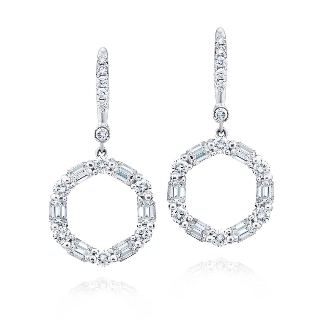 Platinum Emerald-Cut and Round Diamond Circle Drop Pendant