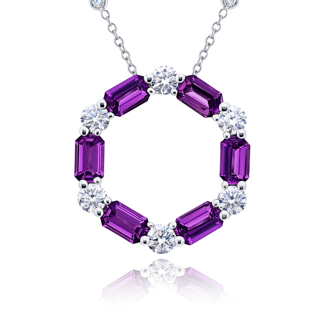 Platinum Emerald-Cut Purple Sapphire and Round Diamond Certified Circle Pendant