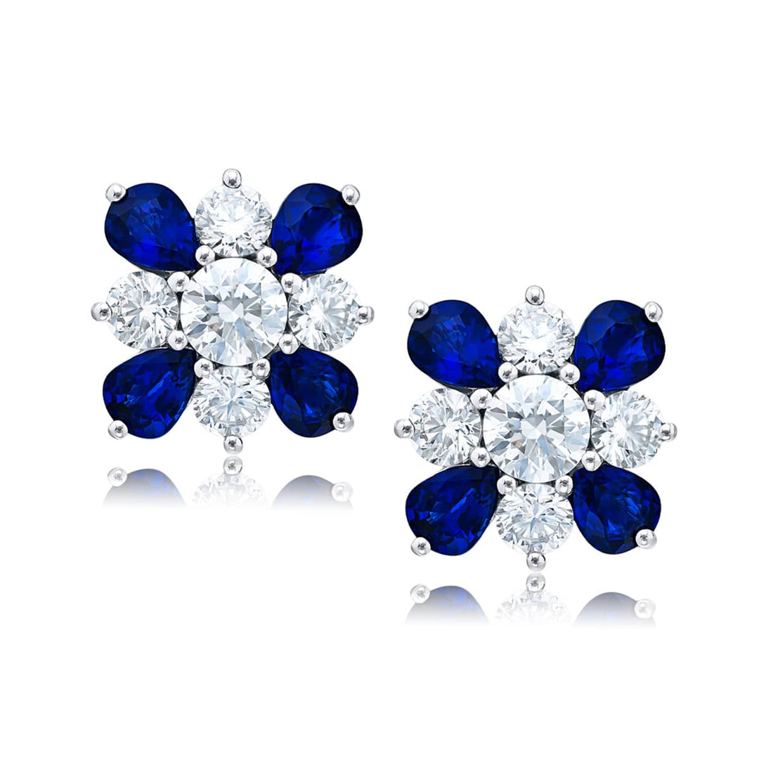 Platinum Round Diamond and Pear-Shaped Sapphire Stud Earrings