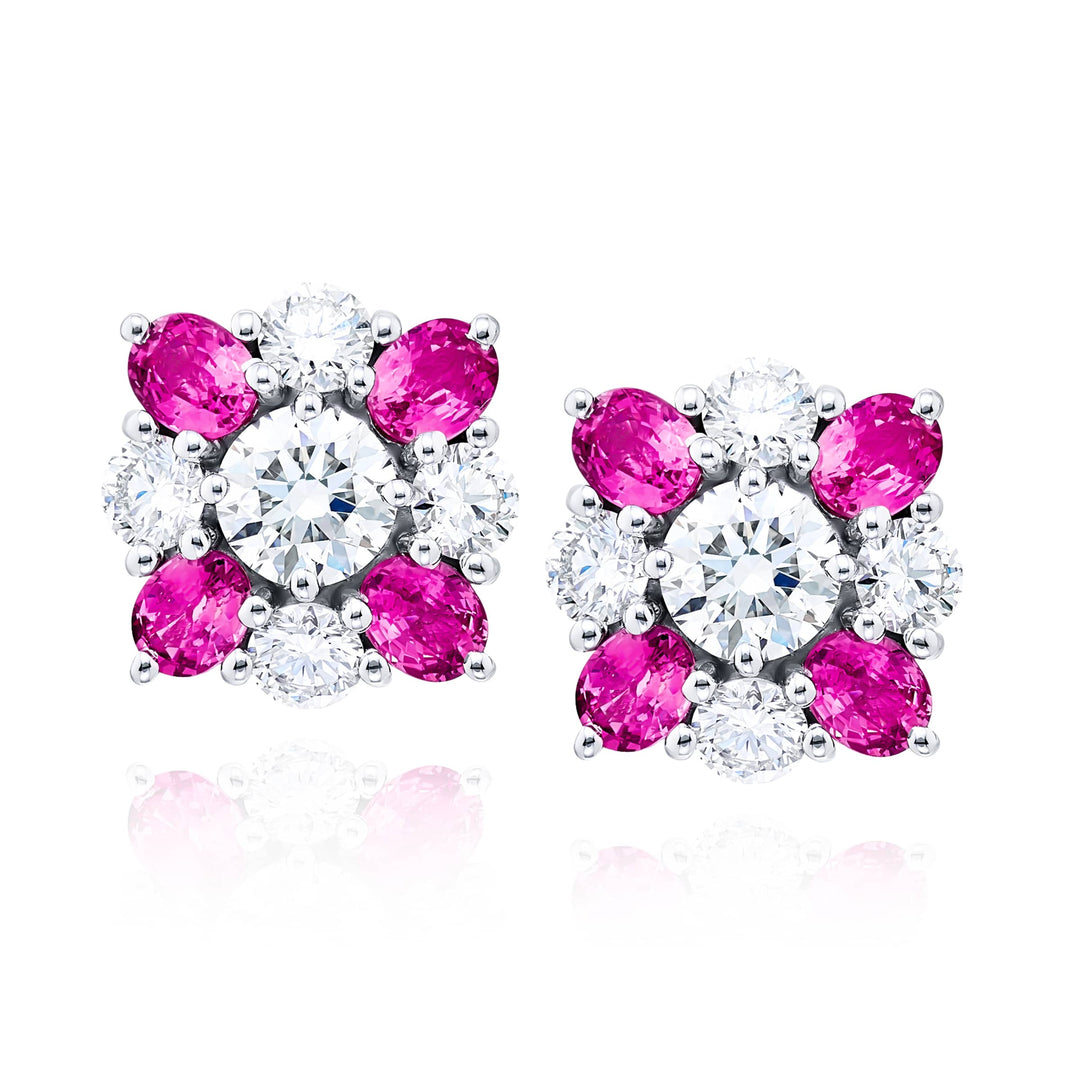 Platinum Round Diamond and Oval Pink Sapphire Stud Earrings