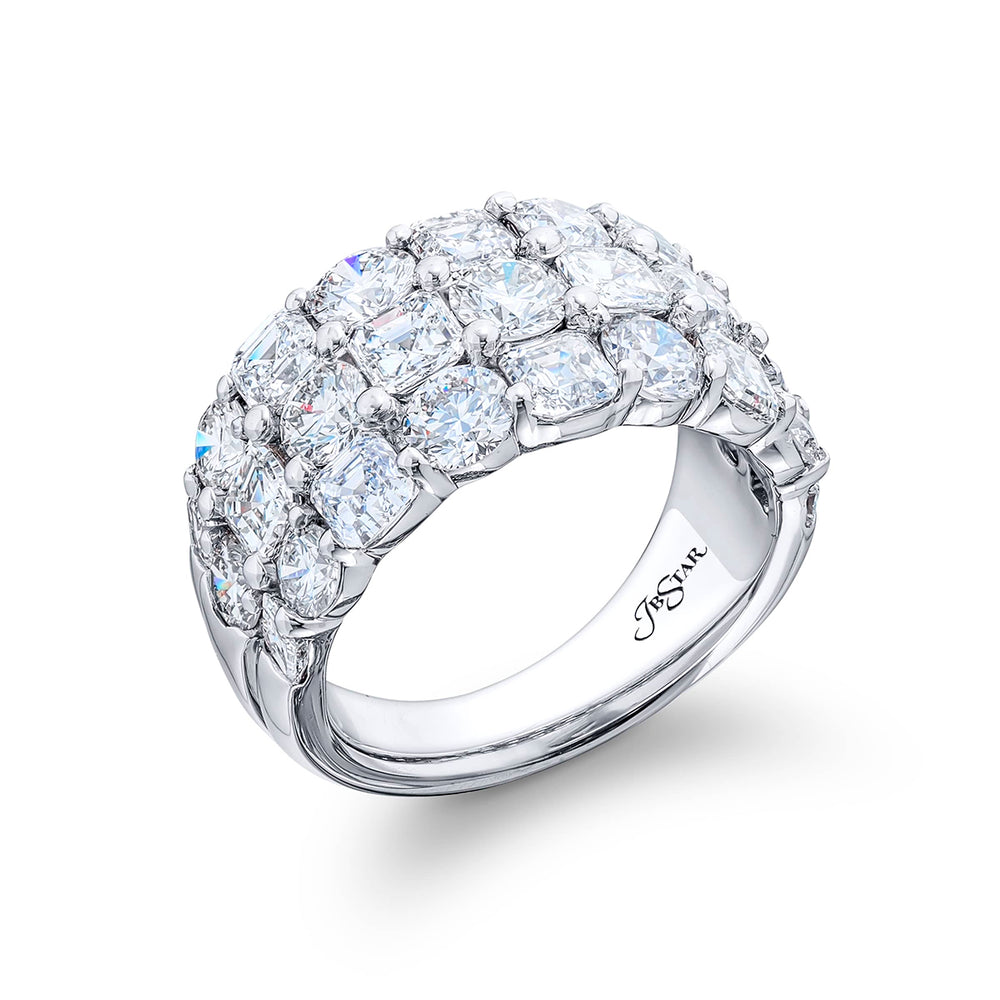 Elegance Elevated: Our iconic three-row Diamond Band. These square emerald-cut diamonds blend with round diamonds and are handcrafted in pure platinum.