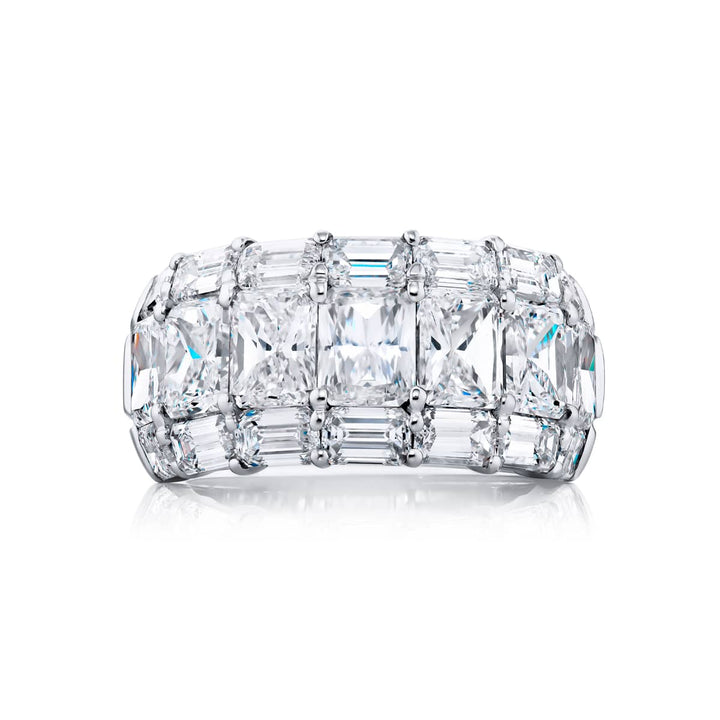 Elegance Elevated: Our iconic 7.50 ctw. East-West Three-row Diamond Band. These stunning radiant-cut diamonds blend with emerald-cut diamonds and are handcrafted in pure platinum.