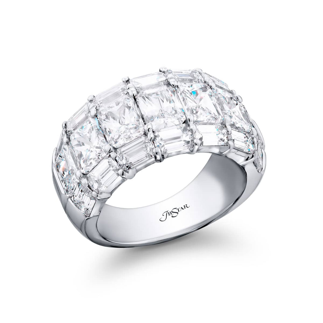 Elegance Elevated: Our iconic 7.50 ctw. East-West Three-row Diamond Band. These stunning radiant-cut diamonds blend with emerald-cut diamonds and are handcrafted in pure platinum.
