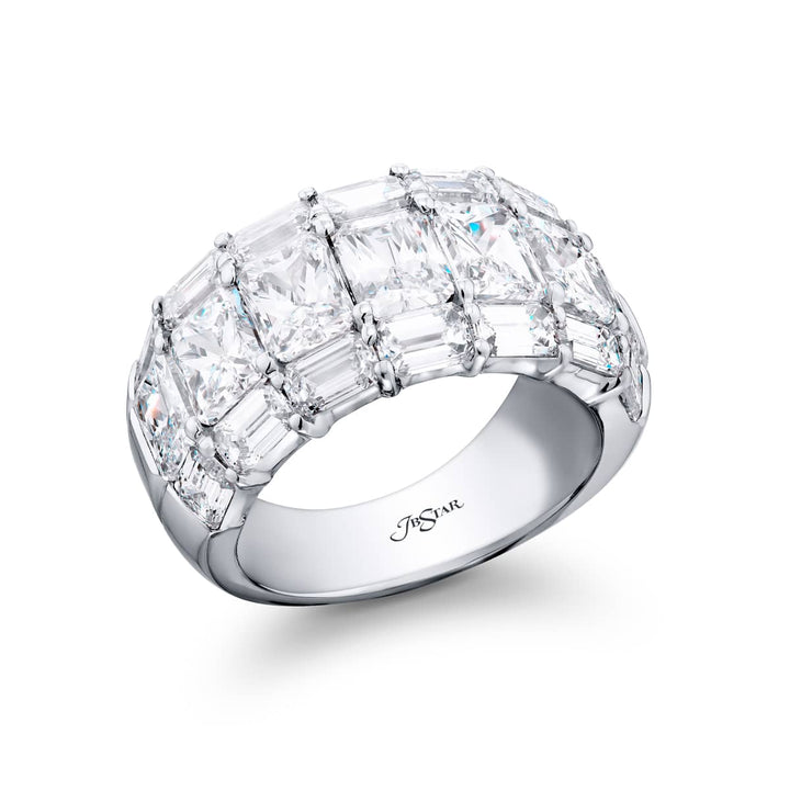 Elegance Elevated: Our iconic 7.50 ctw. East-West Three-row Diamond Band. These stunning radiant-cut diamonds blend with emerald-cut diamonds and are handcrafted in pure platinum.