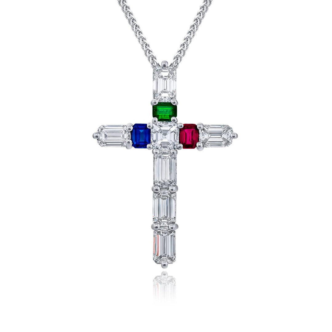 Exquisite Style: One-of-a-Kind Multi-Color Sapphire & Emerald Cross Pendant  Emerald-Cut Sapphires & Emerald with Diamonds in Pure Platinum