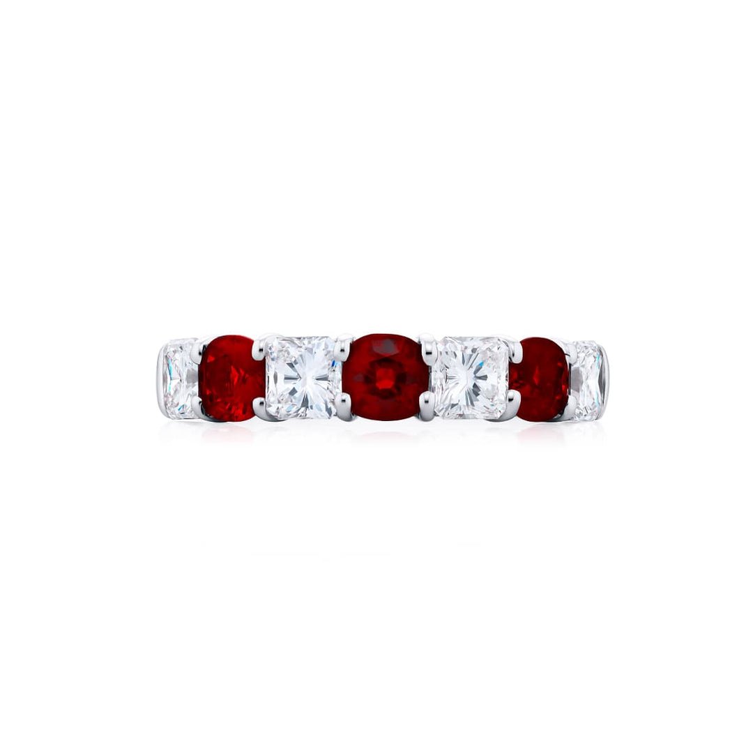 Platinum Cushion-Cut Ruby and Diamond Band