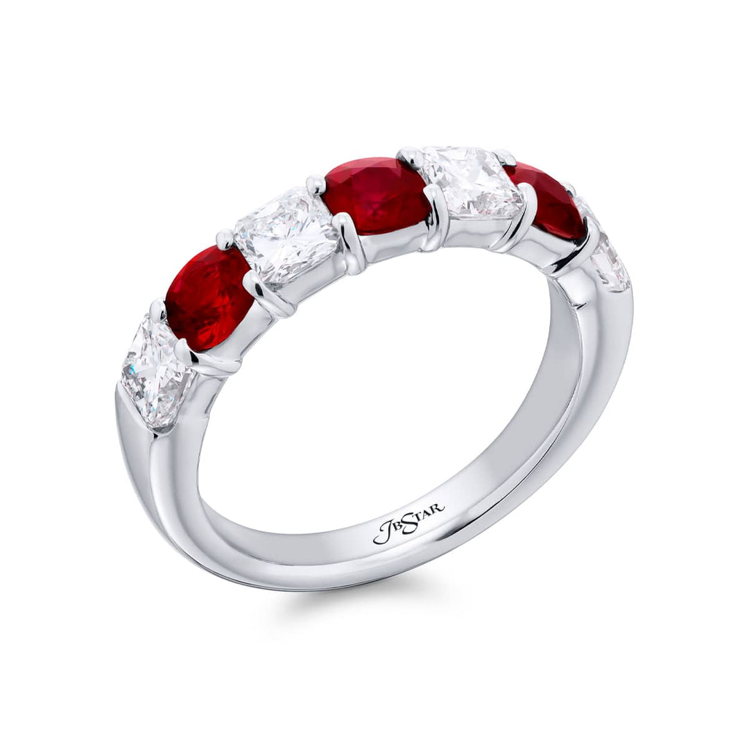 Platinum Cushion-Cut Ruby and Diamond Band