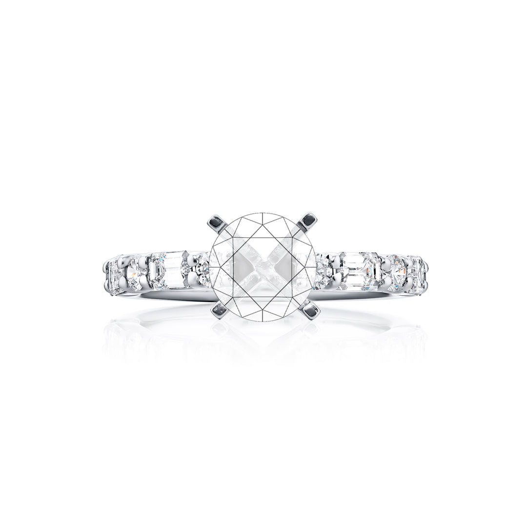 Dazzling Brilliance: Our timeless East-West Diamond Semi-mount. These four beautiful emerald-cut diamonds and six dazzling round diamonds are handcrafted in pure platinum.