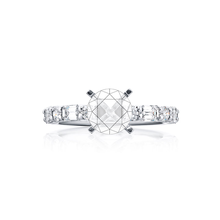 Dazzling Brilliance: Our timeless East-West Diamond Semi-mount. These four beautiful emerald-cut diamonds and six dazzling round diamonds are handcrafted in pure platinum.